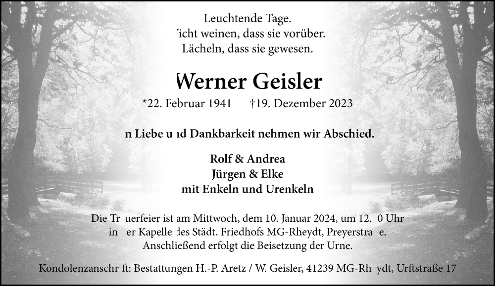  Traueranzeige für Werner Geisler vom 24.12.2023 aus trauer.extra-tipp-moenchengladbach.de