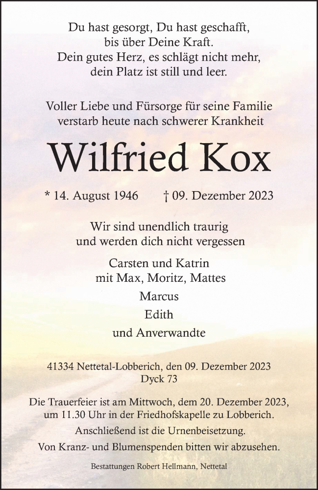  Traueranzeige für Wilfried Kox vom 17.12.2023 aus trauer.extra-tipp-moenchengladbach.de