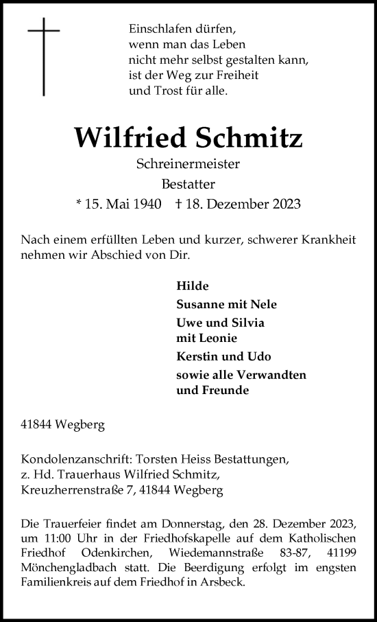 Traueranzeige von Wilfried Schmitz von trauer.extra-tipp-moenchengladbach.de