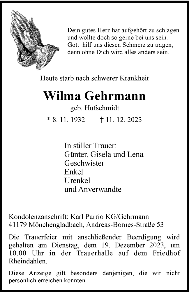  Traueranzeige für Wilma Gehrmann vom 17.12.2023 aus trauer.extra-tipp-moenchengladbach.de