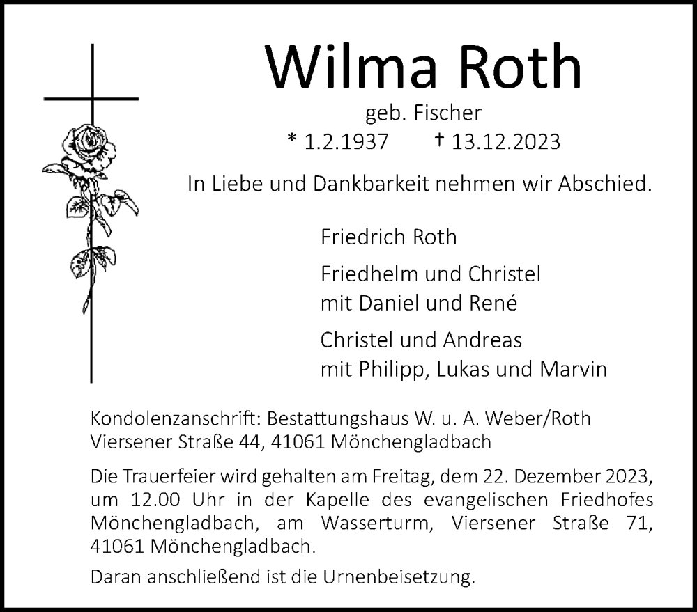  Traueranzeige für Wilma Roth vom 17.12.2023 aus trauer.extra-tipp-moenchengladbach.de