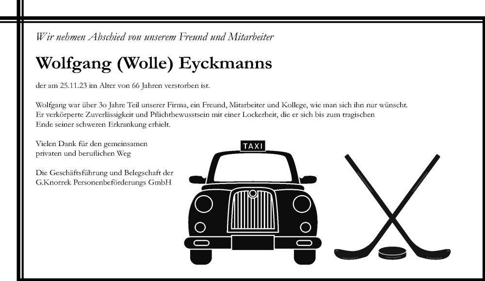  Traueranzeige für Wolfgang Eyckmanns vom 10.12.2023 aus trauer.extra-tipp-moenchengladbach.de