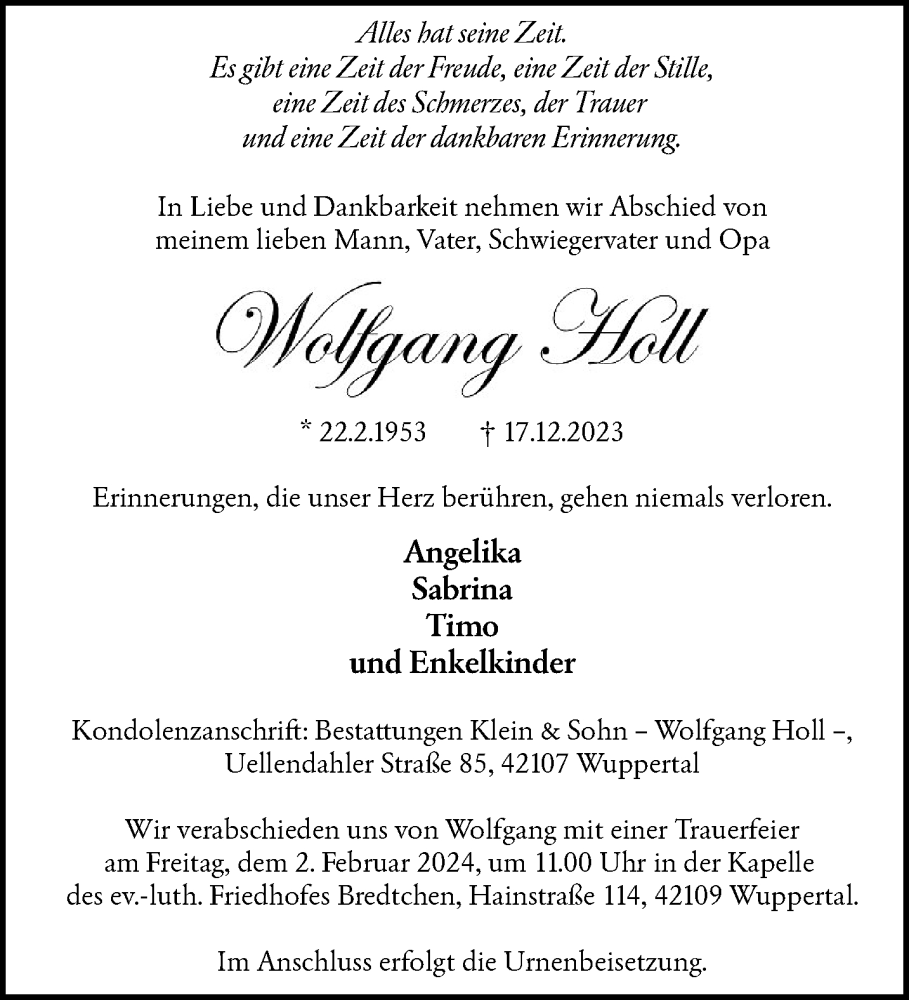  Traueranzeige für Wolfgang Holl vom 27.01.2024 aus trauer.wuppertaler-rundschau.de