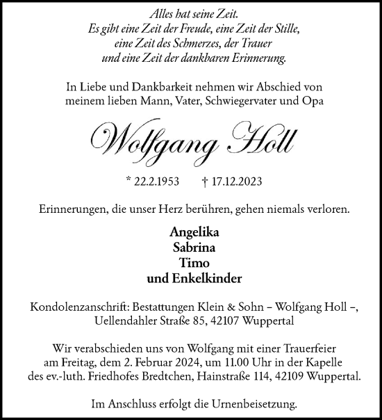 Traueranzeige von Wolfgang Holl von trauer.wuppertaler-rundschau.de