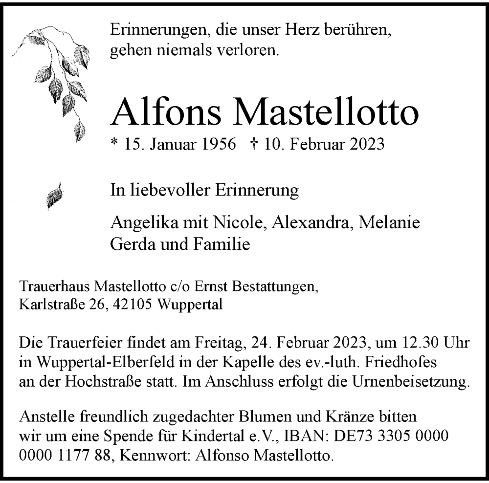  Traueranzeige für Alfons Mastellotto vom 18.02.2023 aus trauer.wuppertaler-rundschau.de