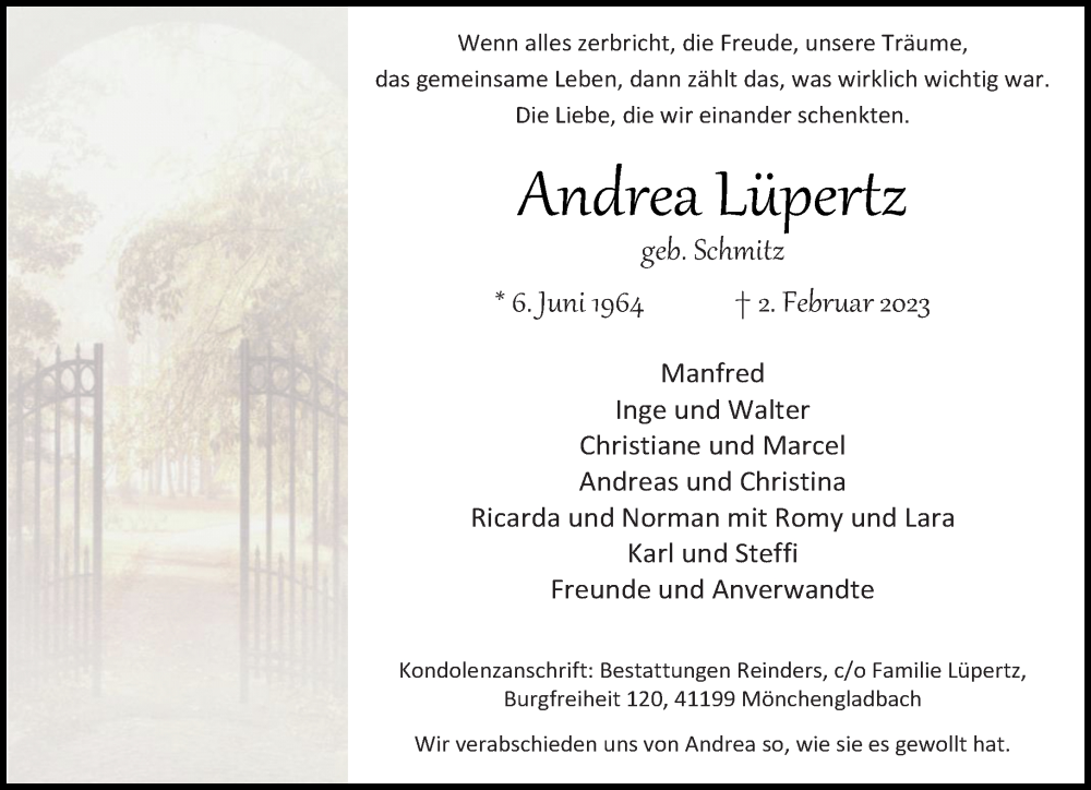  Traueranzeige für Andrea Lüpertz vom 12.02.2023 aus trauer.extra-tipp-moenchengladbach.de