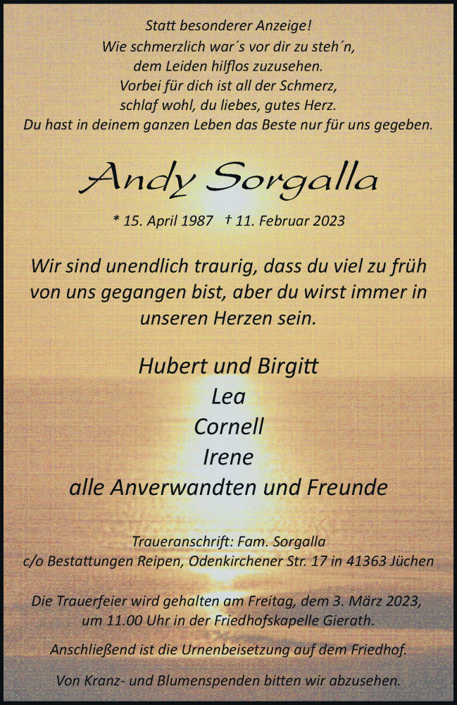  Traueranzeige für Andy Sorgalla vom 25.02.2023 aus trauer.stadt-kurier.de