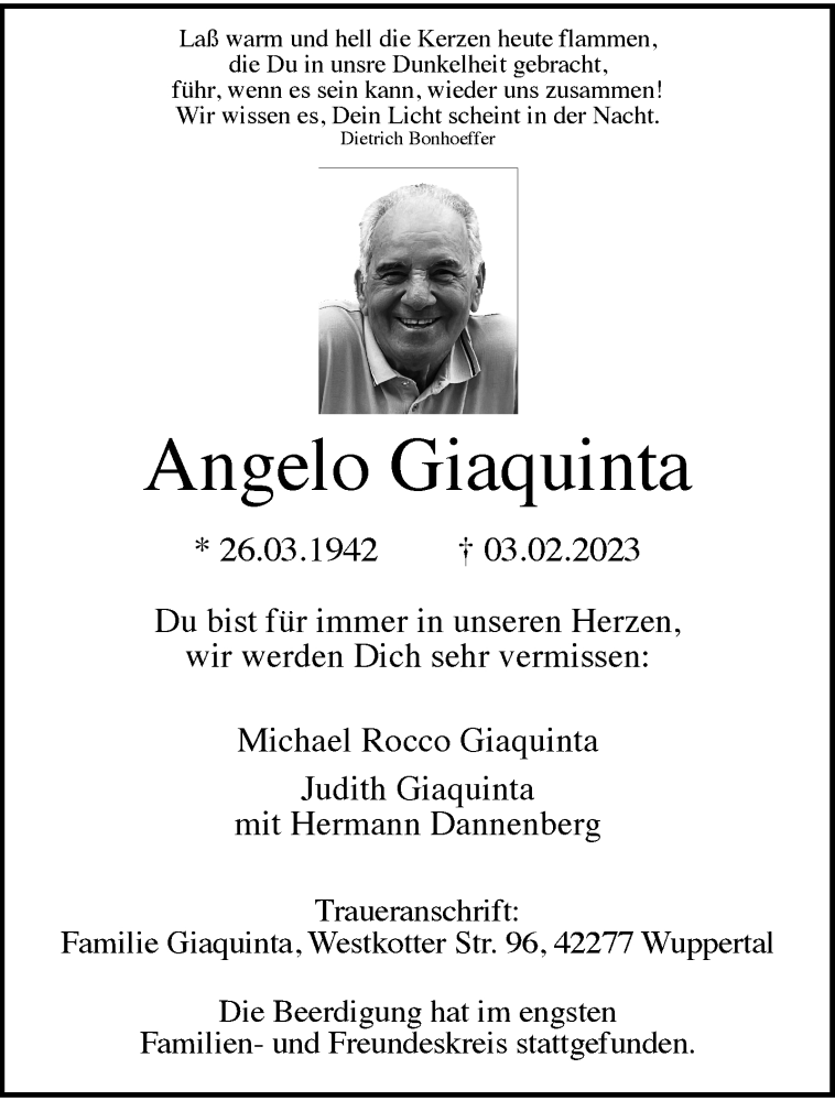  Traueranzeige für Angelo Giaquinta vom 11.02.2023 aus trauer.wuppertaler-rundschau.de