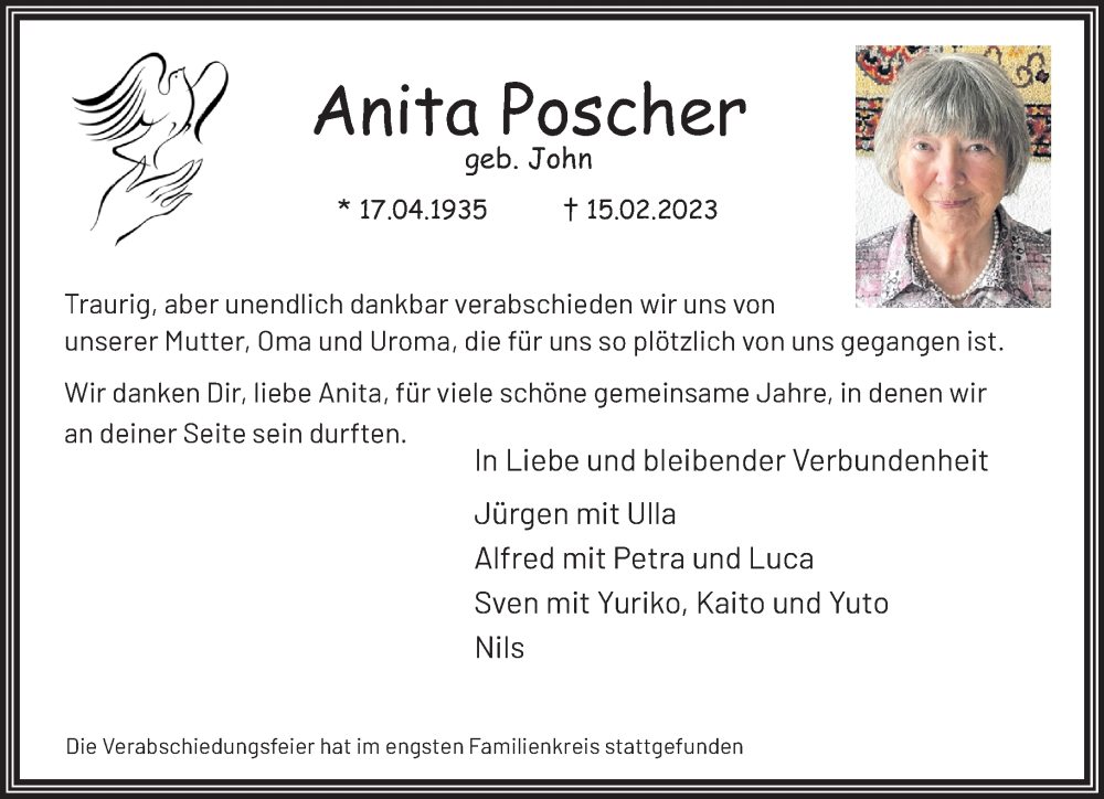  Traueranzeige für Anita Poscher vom 26.02.2023 aus trauer.extra-tipp-moenchengladbach.de