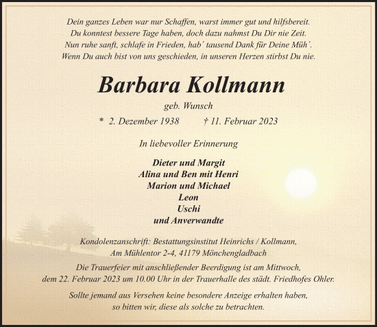 Traueranzeige von Barbara Kollmann von trauer.extra-tipp-moenchengladbach.de