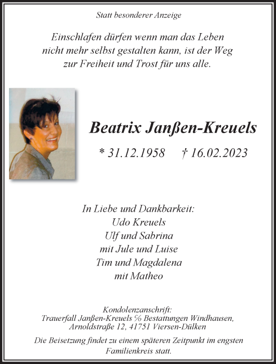 Traueranzeige von Beatrix Janßen-Kreuels von trauer.extra-tipp-moenchengladbach.de