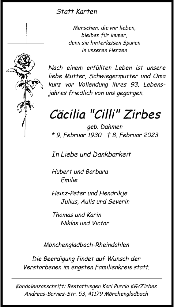  Traueranzeige für Cäcilia Zirbes vom 19.02.2023 aus trauer.extra-tipp-moenchengladbach.de