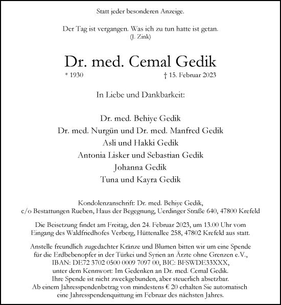 Traueranzeige von Cemal Gedik von trauer.mein.krefeld.de
