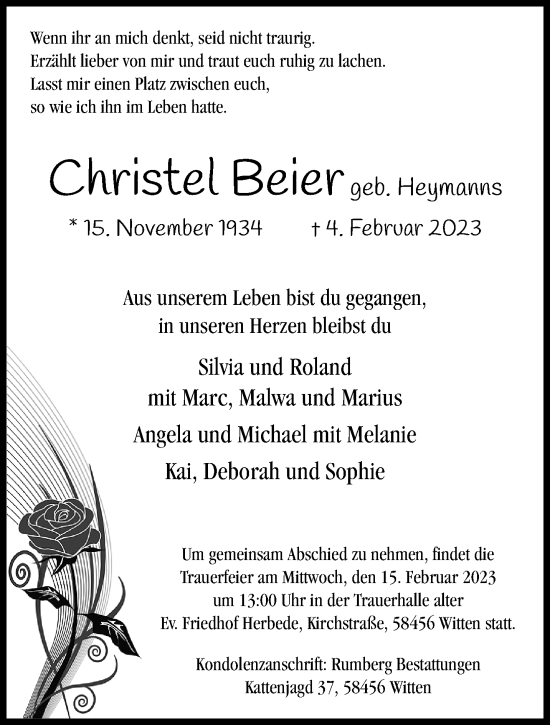 Traueranzeige von Christel Beier von trauer.mein.krefeld.de