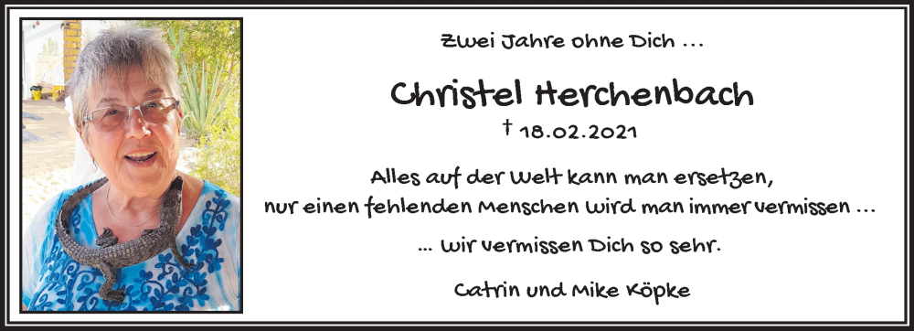  Traueranzeige für Christel Herchenbach vom 18.02.2023 aus trauer.wuppertaler-rundschau.de