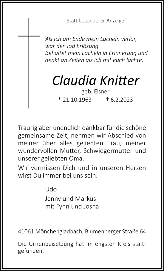 Traueranzeige von Claudia Knitter von trauer.extra-tipp-moenchengladbach.de
