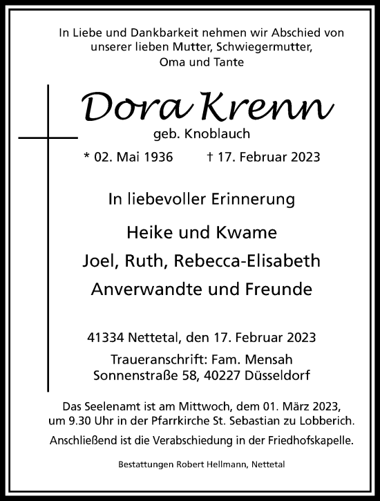 Traueranzeige von Dora Krenn von trauer.extra-tipp-moenchengladbach.de