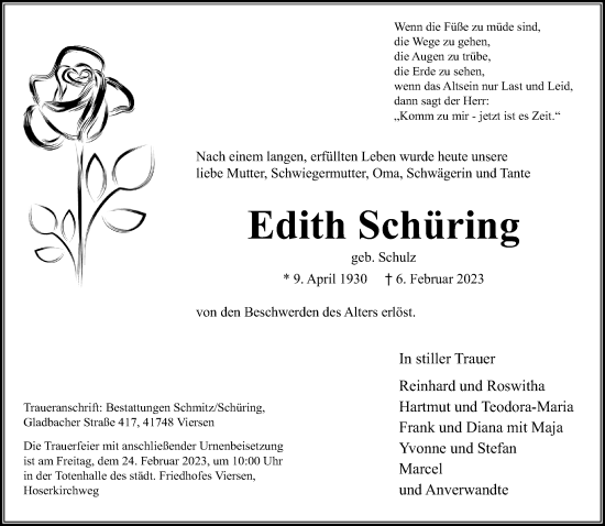 Traueranzeige von Edith Schüring von trauer.extra-tipp-moenchengladbach.de
