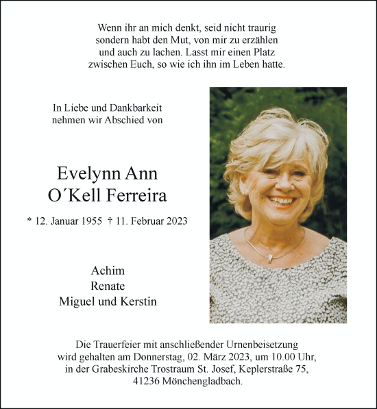 Traueranzeige von Evelynn Ann O´Kell Ferreira von trauer.extra-tipp-moenchengladbach.de