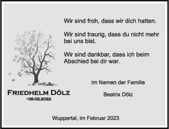 Traueranzeige von Friedhelm Dölz von trauer.wuppertaler-rundschau.de