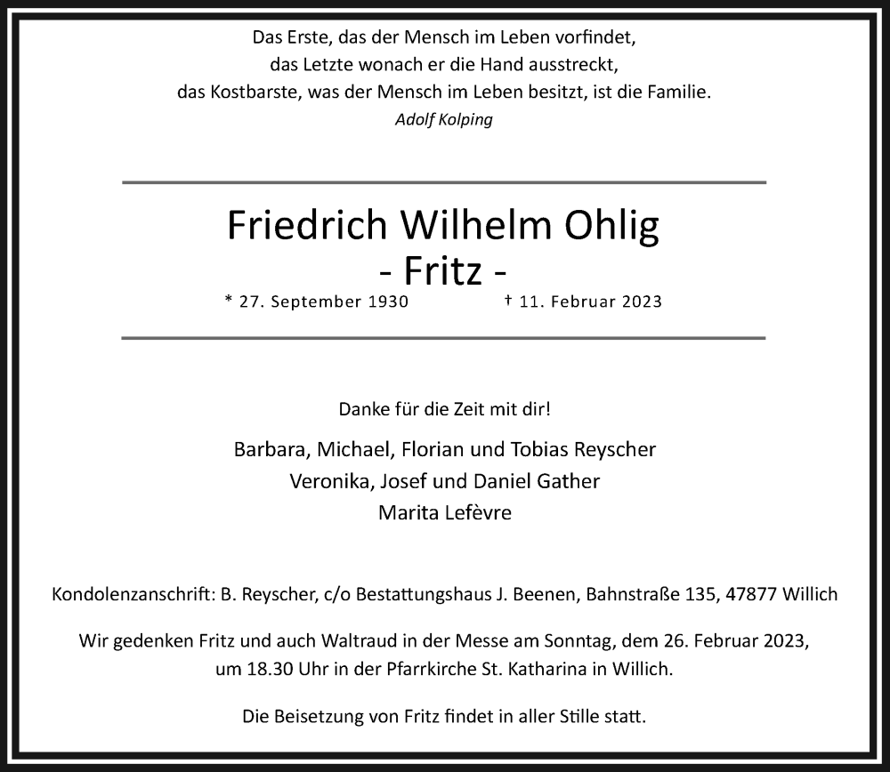  Traueranzeige für Friedrich Wilhelm Ohlig vom 19.02.2023 aus trauer.extra-tipp-moenchengladbach.de
