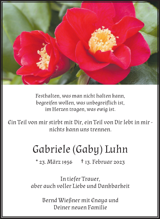Traueranzeige von Gabriele Luhn von trauer.wuppertaler-rundschau.de