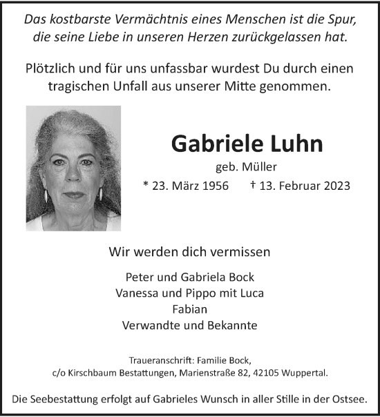 Traueranzeige von Gabriele Luhn von trauer.wuppertaler-rundschau.de