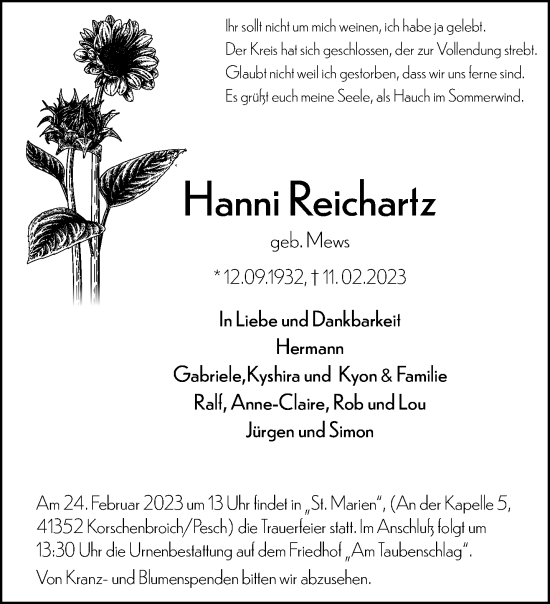 Traueranzeige von Hanni Reichariz von trauer.extra-tipp-moenchengladbach.de