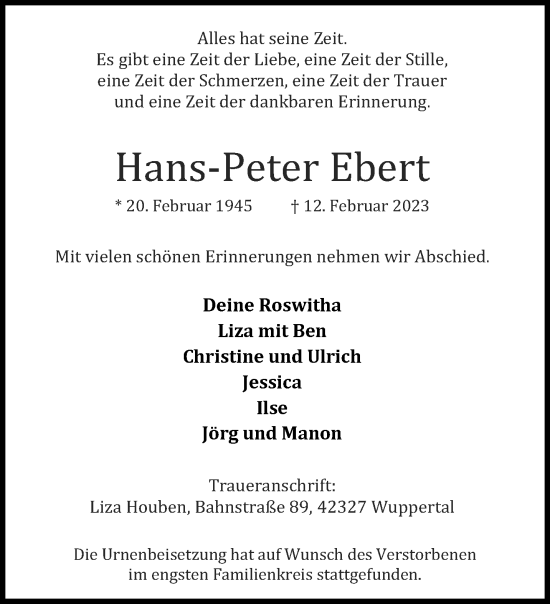 Traueranzeige von Hans-Peter Ebert von trauer.wuppertaler-rundschau.de