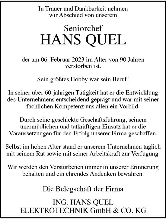 Traueranzeige von Hans Quel von trauer.wuppertaler-rundschau.de
