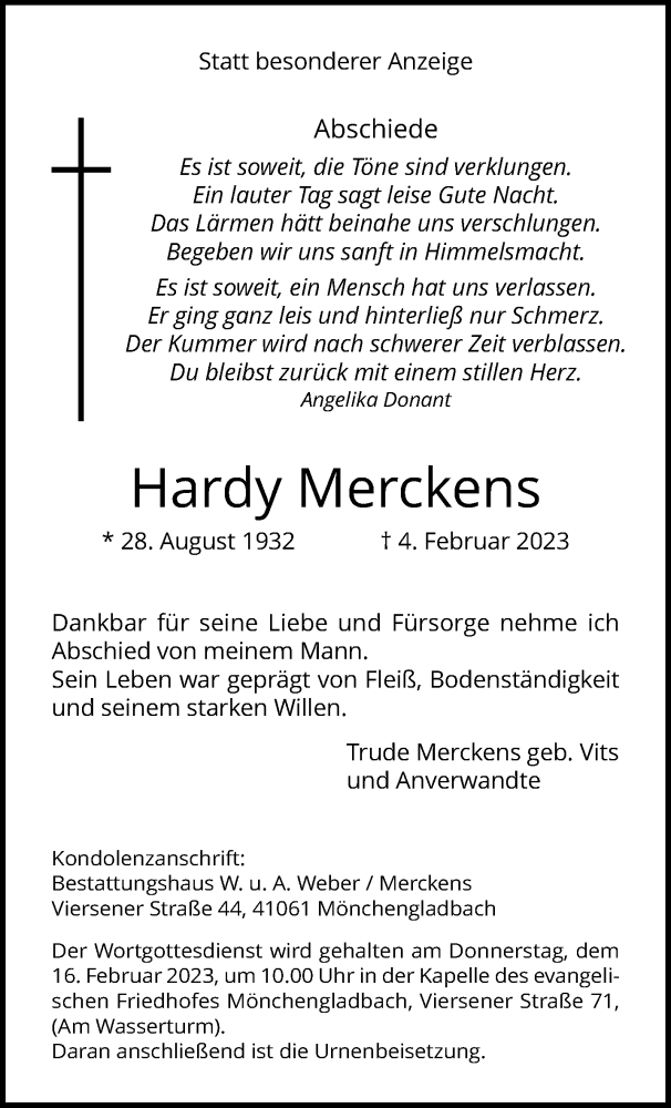  Traueranzeige für Hardy Merckens vom 12.02.2023 aus trauer.extra-tipp-moenchengladbach.de