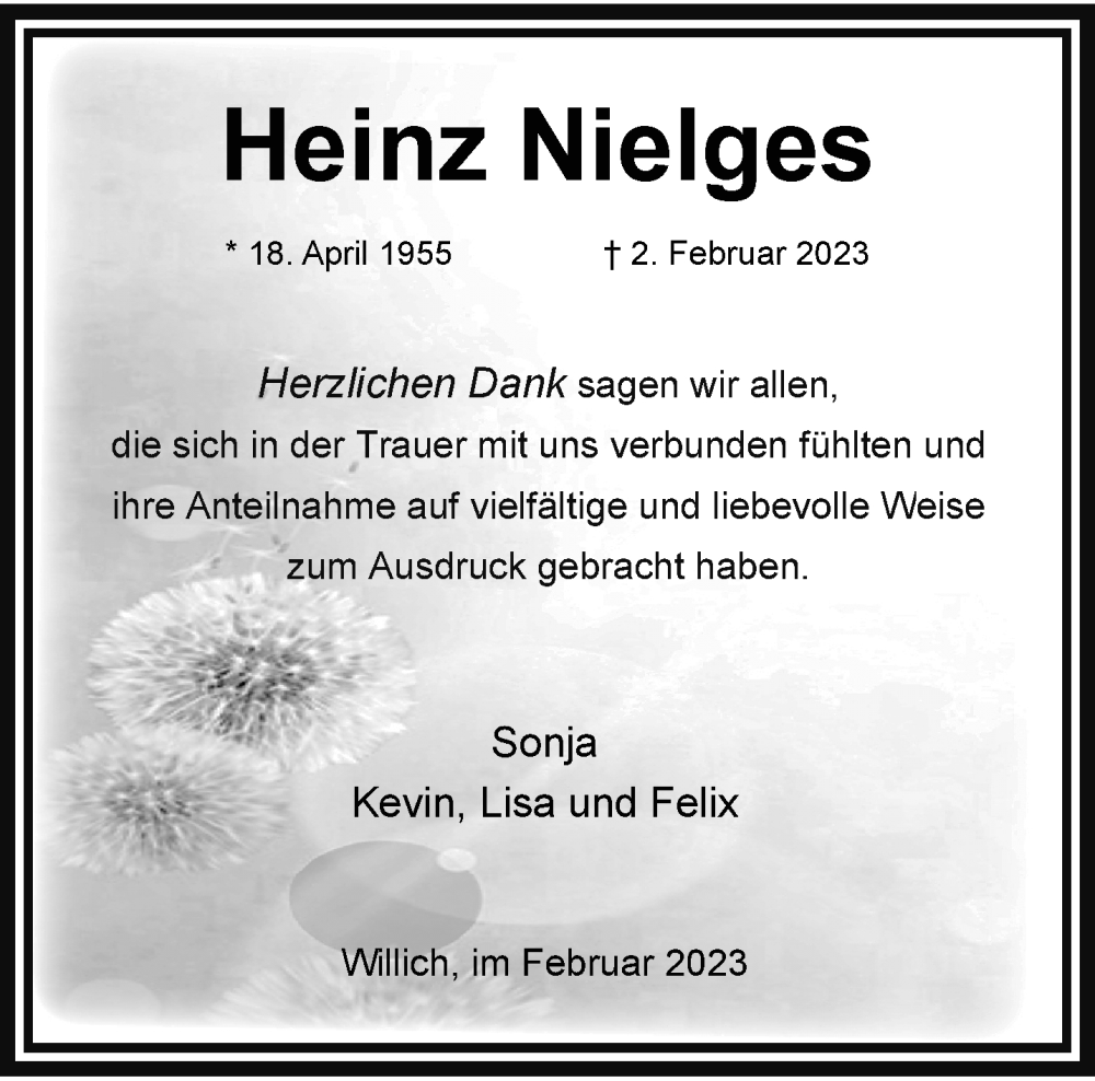  Traueranzeige für Heinz Nielges vom 19.02.2023 aus trauer.extra-tipp-moenchengladbach.de