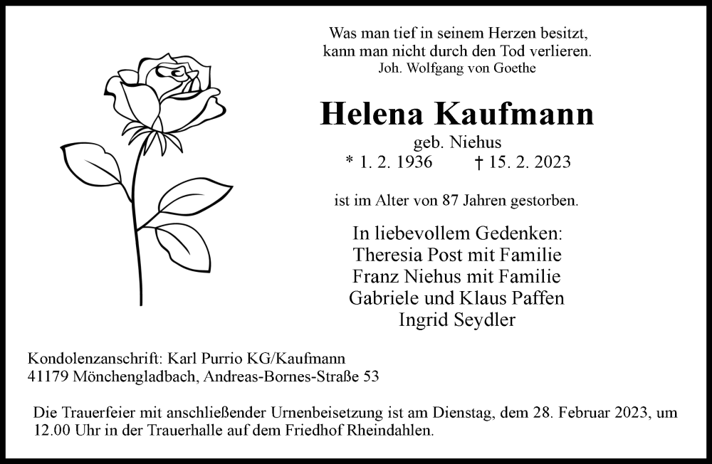  Traueranzeige für Helena Kaufmann vom 26.02.2023 aus trauer.extra-tipp-moenchengladbach.de
