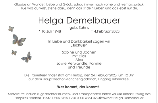 Traueranzeige von Helga Demelbauer von trauer.extra-tipp-moenchengladbach.de