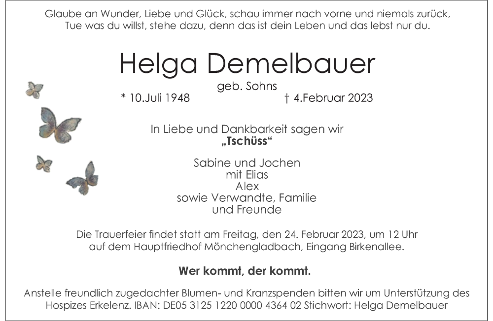  Traueranzeige für Helga Demelbauer vom 19.02.2023 aus trauer.extra-tipp-moenchengladbach.de