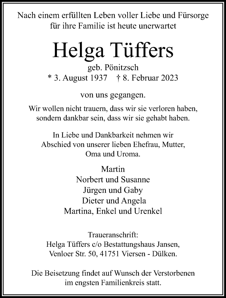  Traueranzeige für Helga Tüffers vom 19.02.2023 aus trauer.extra-tipp-moenchengladbach.de