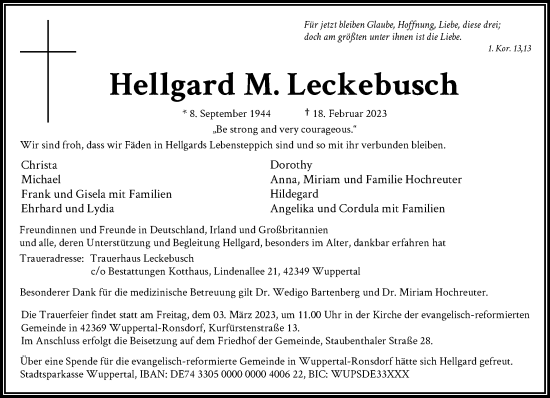 Traueranzeige von Hellgard M. Leckebusch von trauer.wuppertaler-rundschau.de
