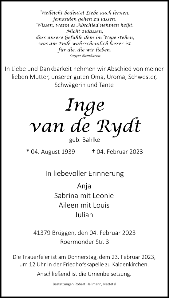 Traueranzeige von Inge de Rydt von trauer.extra-tipp-moenchengladbach.de