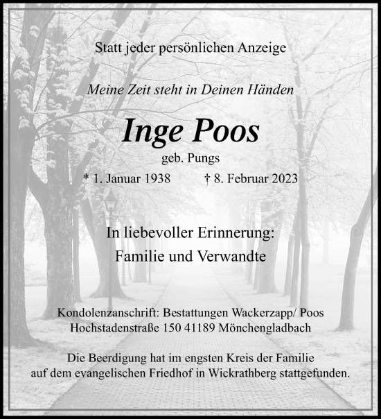 Traueranzeige von Inge Poos von trauer.extra-tipp-moenchengladbach.de