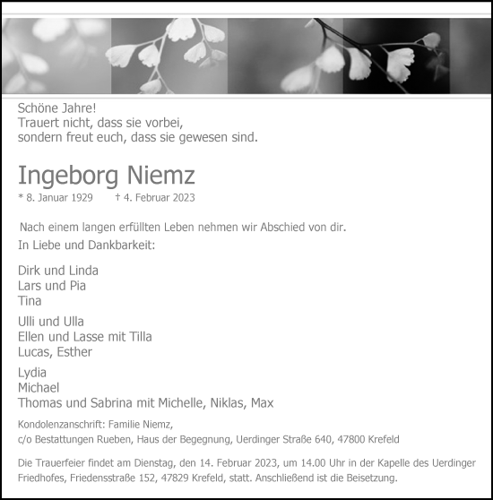 Traueranzeige von Ingeborg Niemz von trauer.mein.krefeld.de