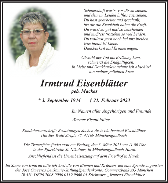 Traueranzeige von Irmtrud Eisenblätter von trauer.extra-tipp-moenchengladbach.de
