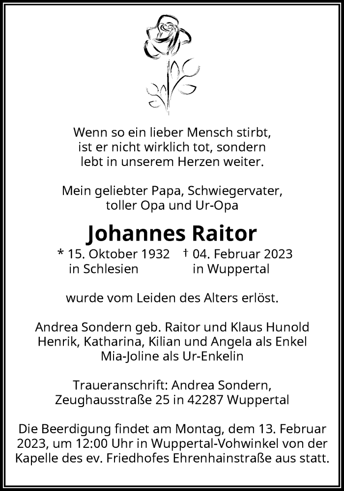 Traueranzeige für Johannes Raitor vom 11.02.2023 aus trauer.wuppertaler-rundschau.de