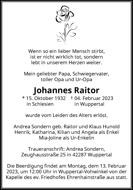 Traueranzeige von Johannes Raitor von trauer.wuppertaler-rundschau.de