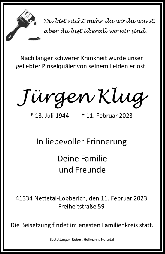 Traueranzeige von Jürgen Klug von trauer.extra-tipp-moenchengladbach.de