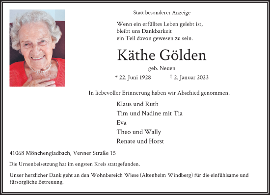 Traueranzeige von Käthe Gölden von trauer.extra-tipp-moenchengladbach.de