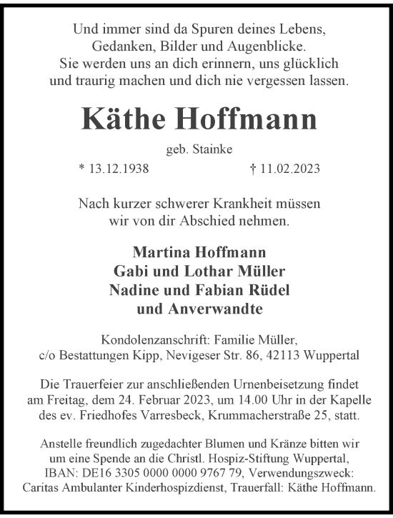 Traueranzeige von Käthe Hoffmann von trauer.wuppertaler-rundschau.de