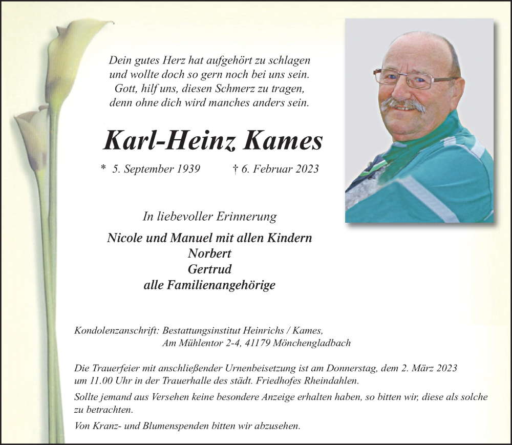  Traueranzeige für Karl-Heinz Kames vom 19.02.2023 aus trauer.extra-tipp-moenchengladbach.de