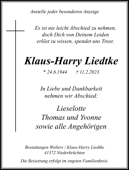Traueranzeige von Klaus-Harry Liedtke von trauer.extra-tipp-moenchengladbach.de