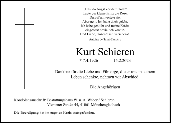 Traueranzeige von Kurt Schieren von trauer.extra-tipp-moenchengladbach.de