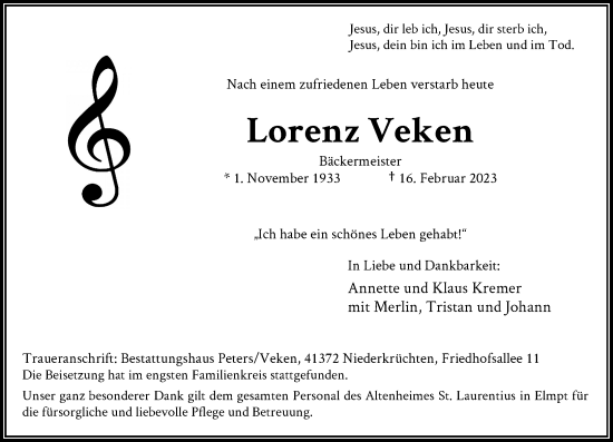 Traueranzeige von Lorenz Veken von trauer.extra-tipp-moenchengladbach.de